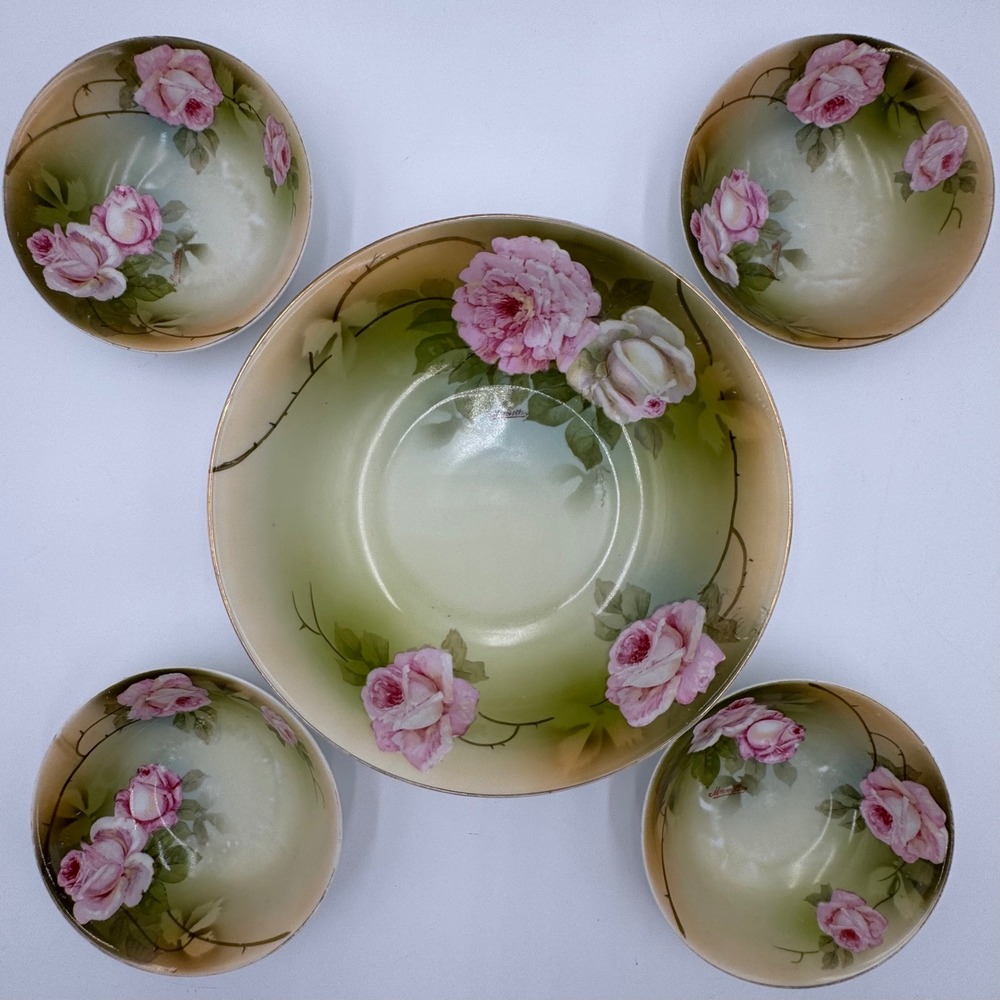 PSAG Bavaria Berry Bowl Set‎ 5pc Roses Hand Painted Porcelain Signed Victorian